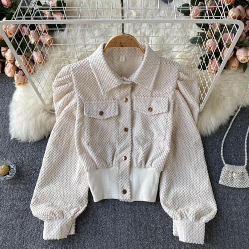 2021 Autumn New Fashion Temperament Blouse Womens Lapel Long-sleeved Corduroy Short Single-breasted Cardigan Jacket DF754