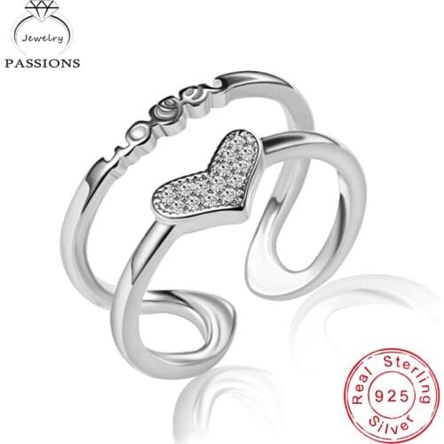 New Fashion 925 Sterling Silver Heart AAA Zircon Double Layer Rings Open Adjustable Fine Rhinestone CZ Ring Women Jewelry Gift
