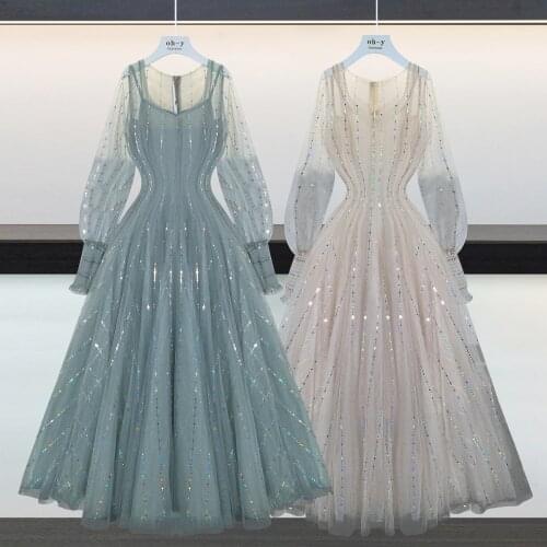 2020 spring vintage puff sleeve sequined mesh dress women square collar high waist slim party dress