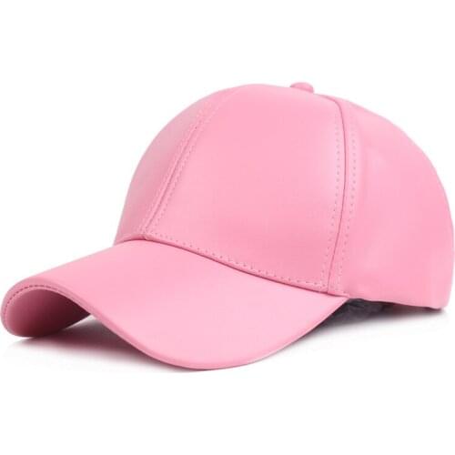 Faux Leather Cap Women Men Plain Baseball Cap Six Panel Adjustable Snapback Pink Black Red Blue Beige