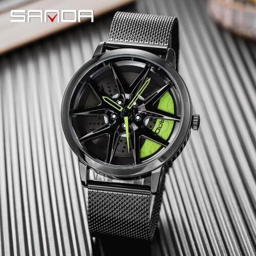 SANDA Mens Wheel Watch Custom Design Sports Car Watch Stainless Steel Mesh Racing Wheel Mens Waterproof Modified Quartz Watch