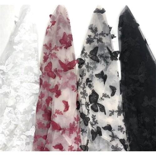 Wine Red Black Ivory 1 Yard NEW Design 3D Butterfly Embroidery Tulle Mesh Lace Fabric Wedding Dress Lace Material