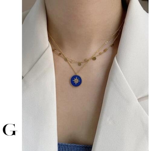 GHIDBK Hot Sale Street Style Stainless Steel Jewelry Minimalist Statement Blue Starburst Coin Disc Pendant Chokers Necklaces
