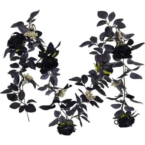 Artificial Silk Black Roses Flower Vine Decorative Fake Cloth Ivy Hanging Rose Garland Home Wall Decoration Faux Plants Leaf