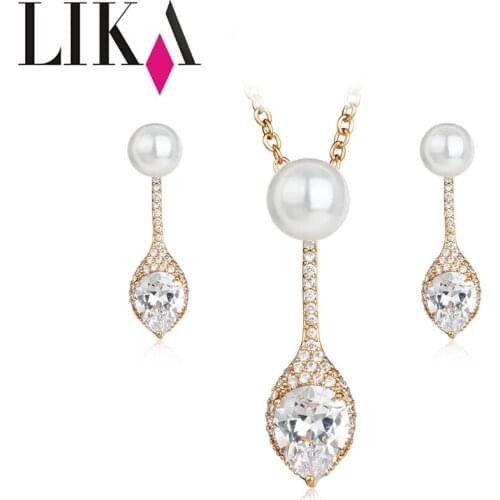 LIKA Fashion Wedding Gift Jewelry Set Gold Color Water Drop Shape Crystal Adjustable Earrings Necklace For Women Jewelry Sets