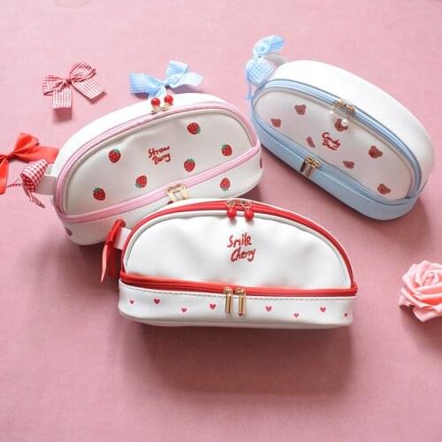 Cute Girl Heart Double Pen Case Ins Style Simple Stationery Box Large-capacity Stationery Storage Bag High School Students