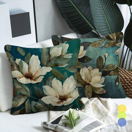 Cushion Cover Oil Painting Gardenia Flowers Print Sofa Decorative Fauxlinen Square Pillows for Bedroom Cushions Couch Home Decor