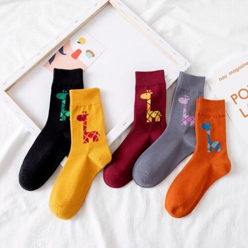 Cartoon Giraffe Animal Print Socks For Women Soft Cotton Girls Middle Tube Socks Spring Autumn Girls Harajuku Socks