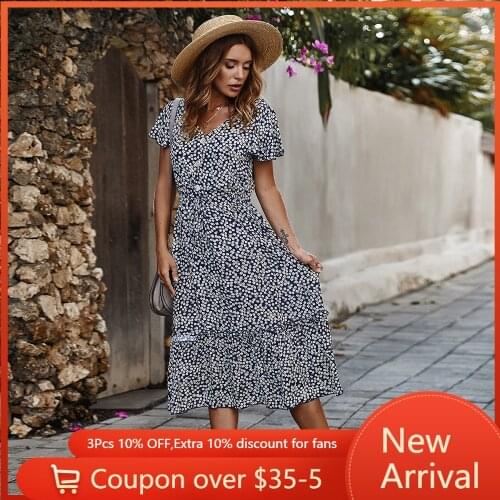 Spring Summer womens dress small shredded flower short-sleeved lotus leaf side print V-neck Mid-Calf dress for women