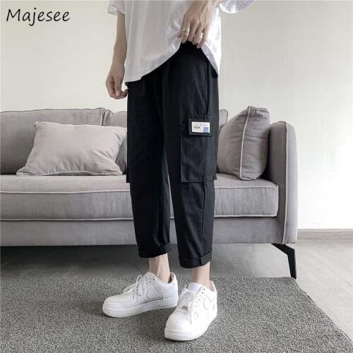 Casual Pants Men Pockets Stylish Cargo Pant All-match Ankle-length Students Tooling Trousers Drawstring Teen Hong Kong Style Ins
