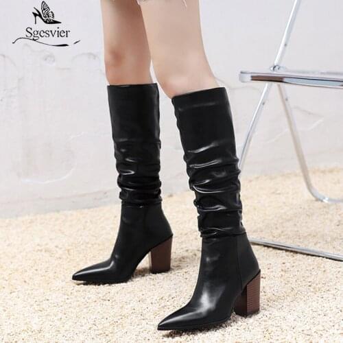 Sgesvier 2021 Hot Sale Knee High Boots Women High Heels Shoes Pleated Pointed Toe Autumn Winter Fashion Long Western Boots Lady