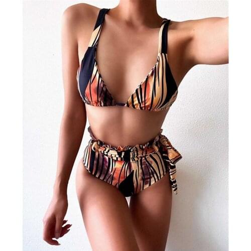 Sexy Two-Piece Set Print Bikini Women Swimwear V neck Belted Bodysuit High Waist Swimsuit New Monokini Push Up Swimsuit 2021