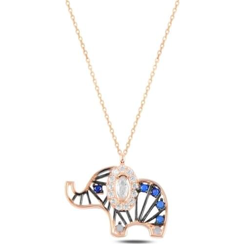Silver 925 Sterling Elephant Colorful Zircon Stone Necklace
