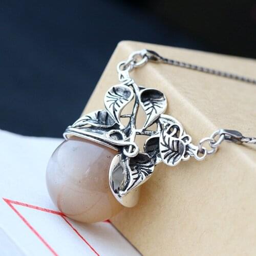 Silver Handmade Jewelry Natural Sunstone Retro Thai Silver Pendant And Necklace Female Models S925 Sterling Silver Necklace