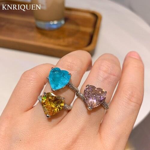 Charms Heart-Shaped 12*12mm Paraiba Tourmaline Pink Quartz Topaz Rings for Girlfriend Luxury Gemstone Party Engagement Jewelry