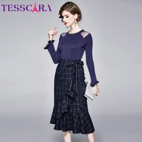 TESSCARA Women Spring Autumn Elegant Dress Suit set Female Cocktail Party Robe High Quality Designer Two-piece Office Vestidos