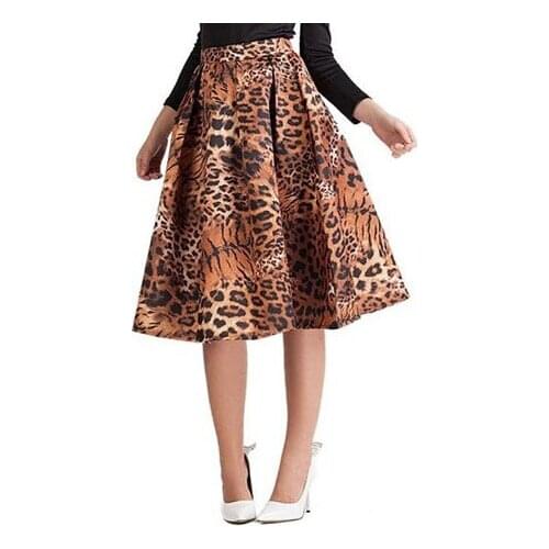 Tiger Printed Skirts New Fashion Womens European Vintage Zipper Closed Elastic Waist Midi Puff A Line Pleated Leopard Skirt