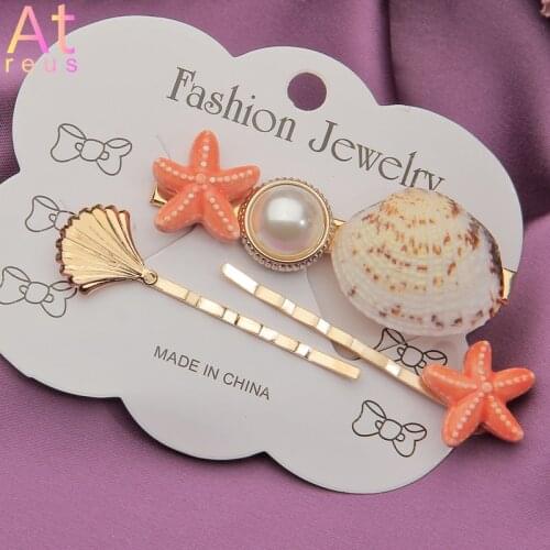 Orange Starfish Hairpins For Women Girls Natural Seashell Hairclips Imitation Pearl Hairgrips Barretes Hair Jewelry