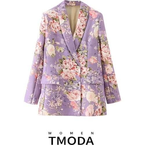 TMODA405 Women 2020 Fashion Double Breasted Floral Print Blazer Coat Vintage Long Sleeve Pockets Female Outerwear Chic Tops
