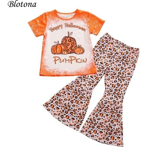 Blotona Toddler Girls T-shirt and Trousers Suit Fashion Halloween Pumpkin Short Sleeve Tops and Leopard Trumpet Long Pants, 1-5Y