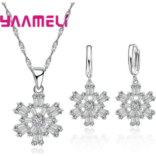 YAAMEL New Fashion Snowflake Shape 925 Sterling Silver Necklace Earrings Set Women Female Wedding Party Jewelry Clear CZ