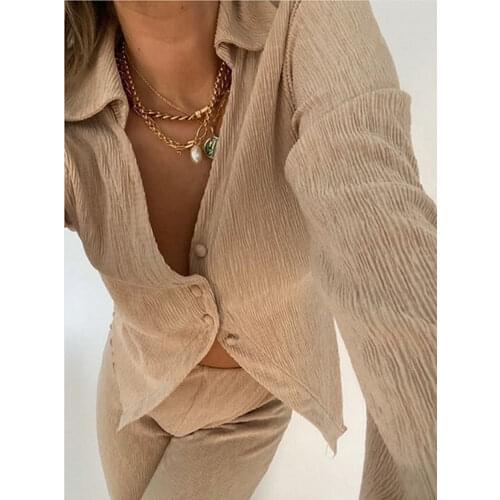 Tossy Half Button Pleated Top And Pants Suit Women Casual Two Piece Sets White Loose V-Neck Shirt Set 2021 Autumn New Overalls