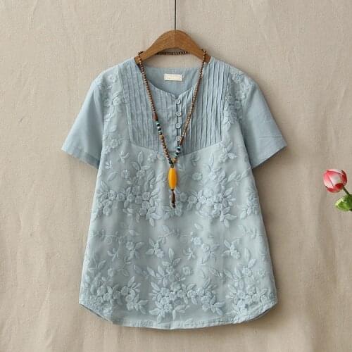 Vintage Beautiful Jacquard Flower Embroidery Tops Women 2021 Loose O-Neck Pleated Button Cotton Linen T-Shirts Ladies Summer Tee