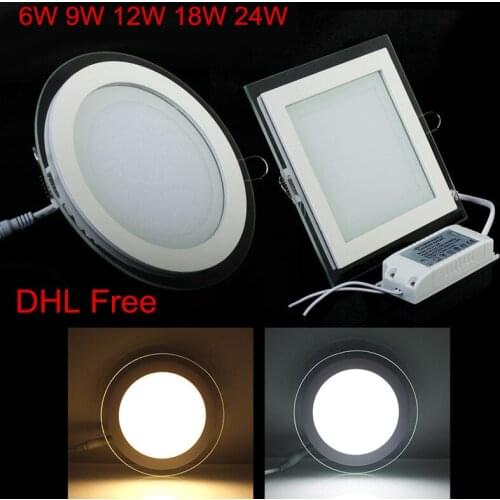 10pcs/lot 6W 9W 12W 18W 24W Round/Square Glass LED Downlight Recessed LED Panel Light Spot indoor Down Light AC110V 220V+ Driver
