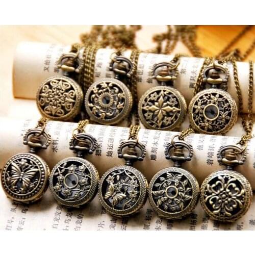 Wholesale 12 pca/lot Vintage Bronze Small Flower Pocket Watch Necklace, 12 design mixed gift
