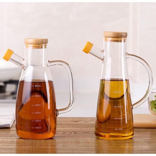 580/700ml Transparent Glass Oil Bottle with lid Handle Scale Heat-resistant Lecythus Soy Vinegar Sauce Container Kitchen Tools