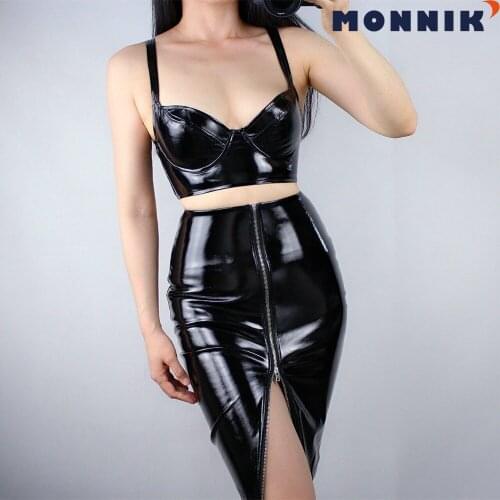Shine Black, White and Red High Rise Zipper Ladies skirt Womens latex dress Underwear and Gigh Waist Skirt 2-piece Suit