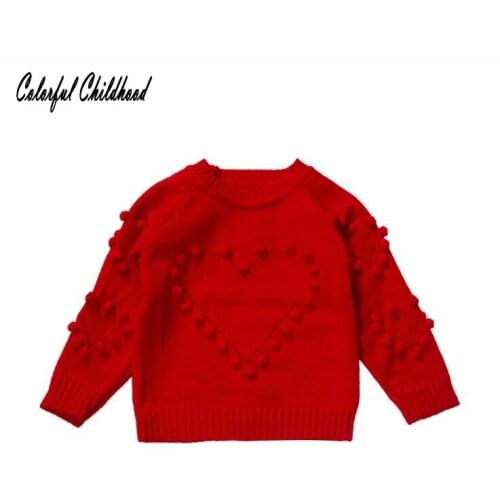 Kids Girls Sweaters Long-sleeved Red Sweet Cute Heart Pattern Toddler Baby Girl Christmas Sweater with balls Winter Clothes 2-7t