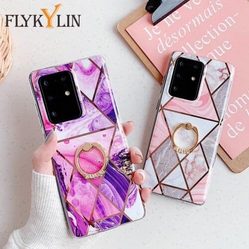FLYKYLIN Ring Holder Case For Samsung Galaxy A51 A71 5G M21 M30S Case Cover Soft Silicon Cartoon Marble Flowers Leaf Phone Shell