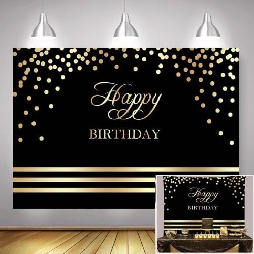 Happy Birthday Backdrop Black and Gold Birthday Party Banner Decoration Background for Adult Children Golden Dots Photocall