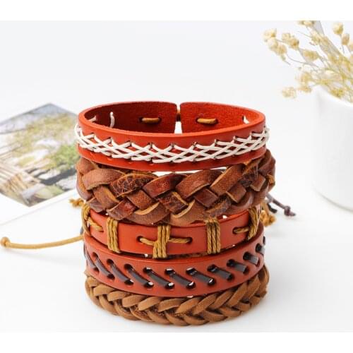 KEJIALAI 6pcs/set Genuine Leather PU Hemp Rope Handmade Braided Punk Vintage Men Bracelets Women Casual Jewelry