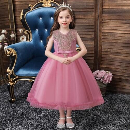 Summer Applique Kids Pink Bridesmaid Dresses For Girls Costumes Solid Princess Dress Clothes Wedding Party Girl Dress
