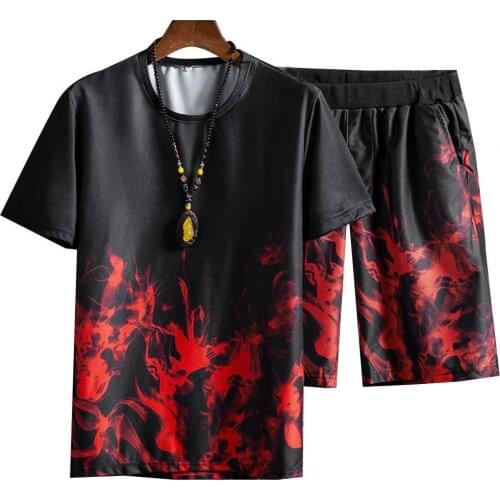 Plus Size Summer Mens Sports Suit Printed Loose Casual Male Two-piece Homewear Suit Fitness Streetwear Sports Men Set