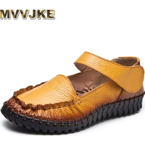 MVVJKE Vintage Woman Genuine Leather Round Toe Pleated Shoes Flats Casual Women Shoes 2020 New Fashion Women Moccasin Plus Size