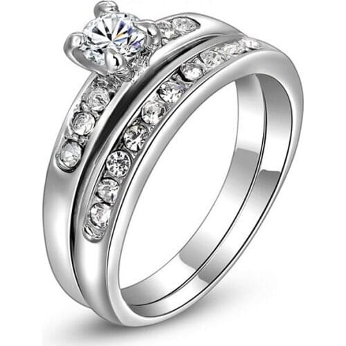 New Fashion 2Pcs/set Charm Lovers Ring For Women Men Bijoux Silver Crystal Engagement Wedding Rings Female Jewelry Couple Gift