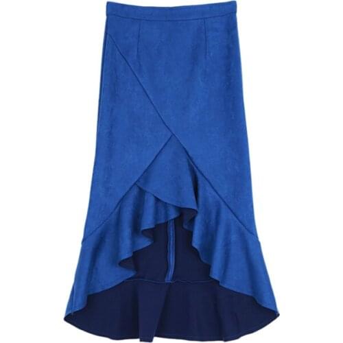 New Women Fashion Bodycon Plus Size High Waist Bag Hip Skirt Elegant High Low Mermaid Fishtail Faux Suede Skirts Blue