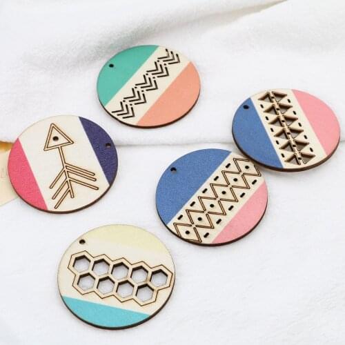 10 PCs Wood Pendants Round Blue & Pink Rhombus Charms Pendants For Handmade Necklace Earrings Jewelry Gifts For Women 5cm Dia