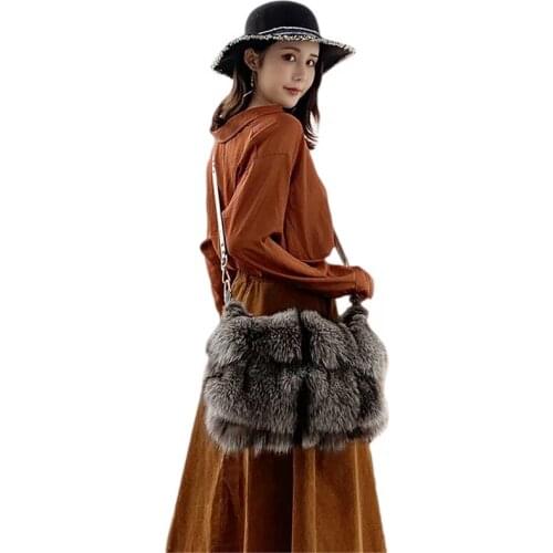 IANLAN Casual Silver Fox Fur Shoulder Bags for Women Synthetic Leather Handle Real Fur Handbag IL00545