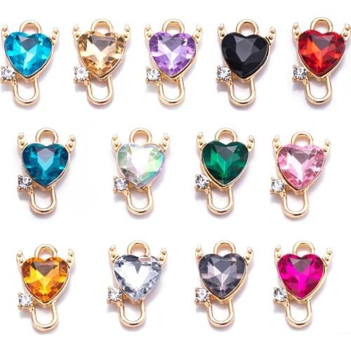 SAUVOO 10pcs/lot Zinc Alloy Mini Crystal Heart Shape Love Charms Pendant Gold Charm With Hole For DIY Jewelry Making Accessories