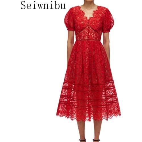 Sexy Women Red Midi Dress 2020 Cutout Deep V neck Puff Sleee Fit Flare Lace Party Dress Elegant Casual Long Christmas Dress