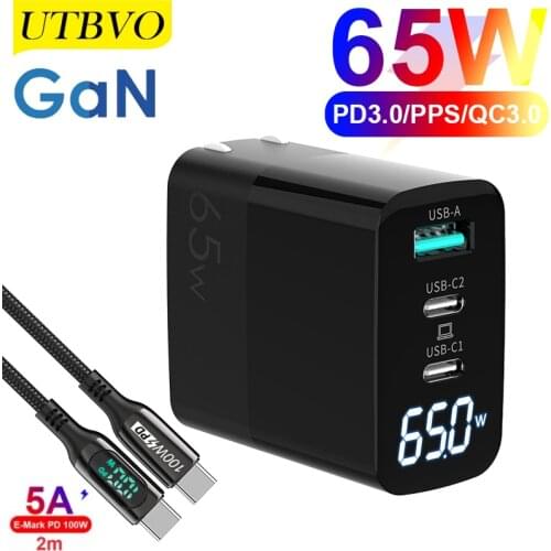 UTBVO 65W GaN USB C Wall Charger Power Adapter,3 Port PD 65W PPS QC4 SCP for Laptops MacBook iPad Pro iPhone Samsung Xiaomi