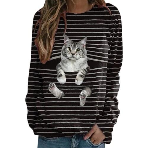 Newly New Ladies Casual Long-Sleeved Round Neck Cat Print Stitching T-Shirt Top Pullover for Autumn Winter
