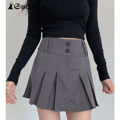 SUCHCUTE Korean Fashion Pleated Skirt For Women High-waisted Streetwear Solid Grey Casual Basic Female Mini Skirts Harajuku