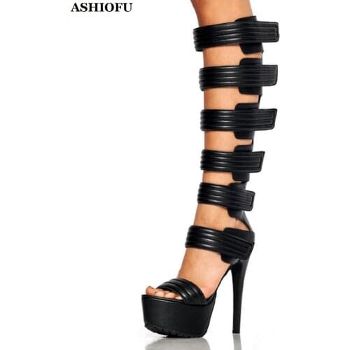 ASHIOFU Classic Handmade Women Super-heel Sandals Club Party Summer Shoes Platform Sexy Evening Dance Fashion Sandals Shoes