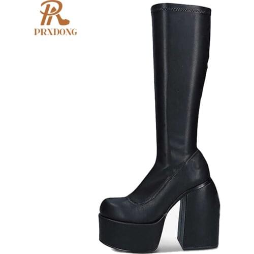 New Arrival Women Stretch Boots Top Quality Elastic Microfiber Leather Thick High Heel Platform Black Long Boots Plus Size 34-43