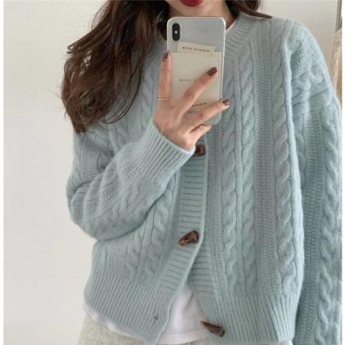 2021 New Spring Autumn Womens Sweater O-neck Outerwear Female Short Twist Cardigan Ladies Long Sleeve Loose Knitted Coats Y422